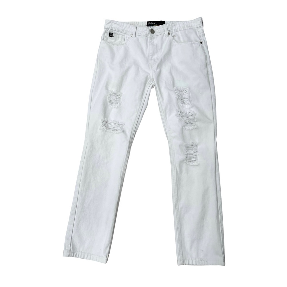 Mens White Straight Jeans with Distressed Ripped Knee Design in size 34”x29”